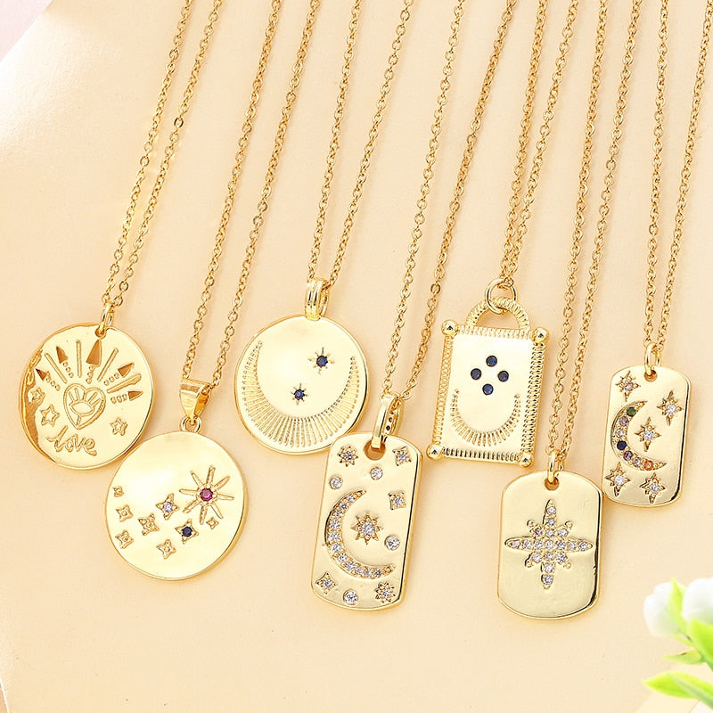 Vintage Stainless Steel Chain Sun Star Moon Pendant Necklace