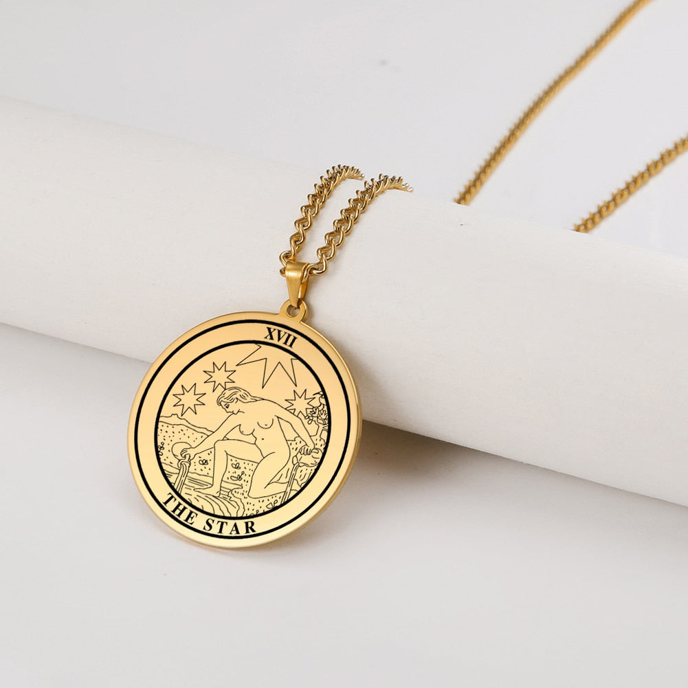 Gold and Siver Stainless Steel Major Arcana Round Pendant & Necklace