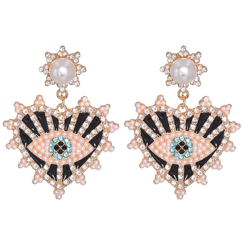 Evil Eye Crystal Heart Earrings (Black, Red, Yellow, Green) | Spiritual Jewelry