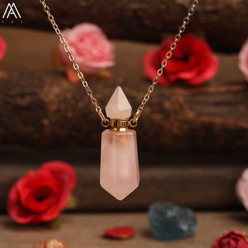 Natural Gems Stone Faceted Prism Perfume Bottle Pendants Necklace,Cut Hexagon Points Crystal Essential Oil Diffuser Vial Charms