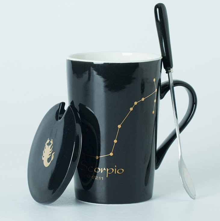 Black/White Ceramic Zodiac Mugs, 12 Constellations with Spoon & Lid | Coffee and Tea Accessories