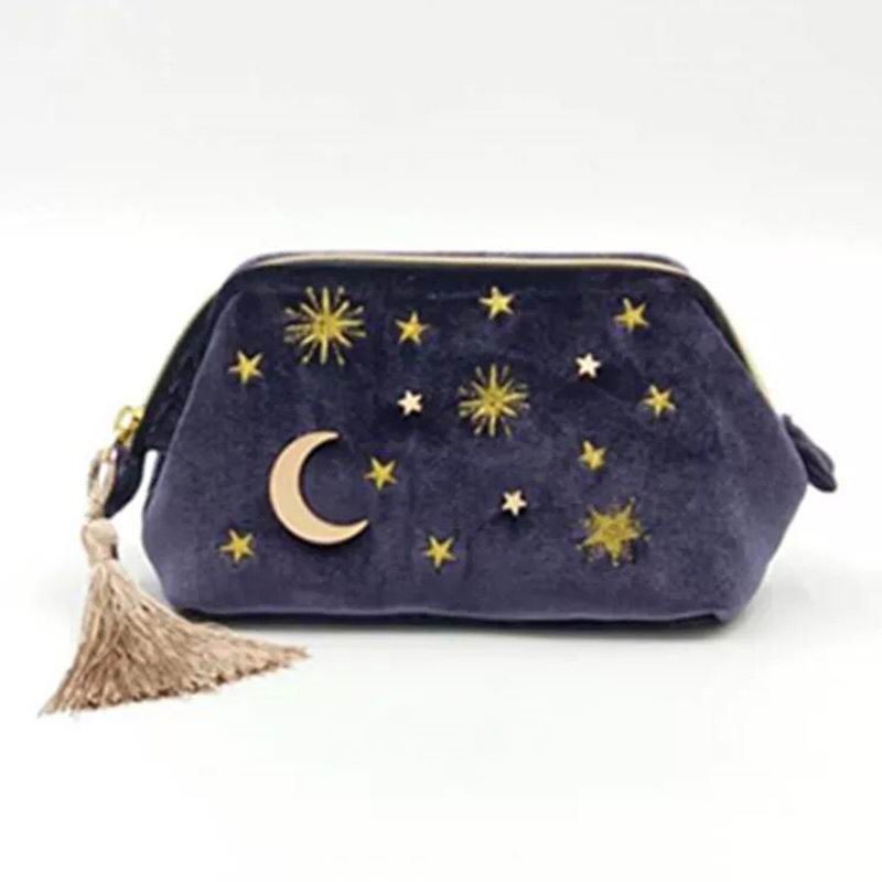 Cosmic Moon and Stars Velvet Cosmetic Bag | Starry Makeup Storage Bag