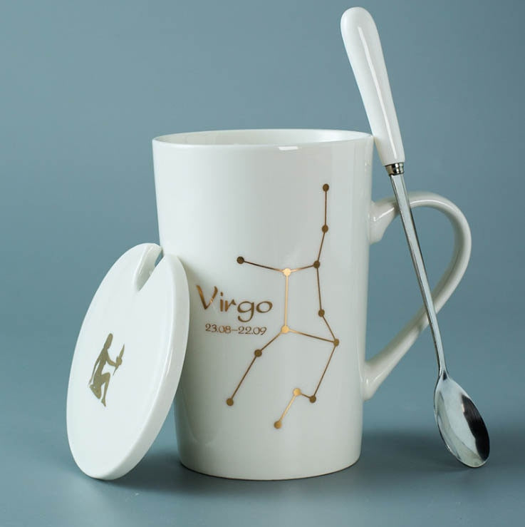 Black/White Ceramic Zodiac Mugs, 12 Constellations with Spoon & Lid | Coffee and Tea Accessories
