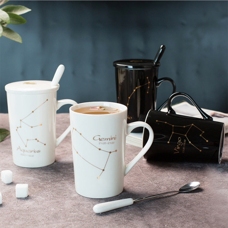 Black/White Ceramic Zodiac Mugs, 12 Constellations with Spoon & Lid | Coffee and Tea Accessories