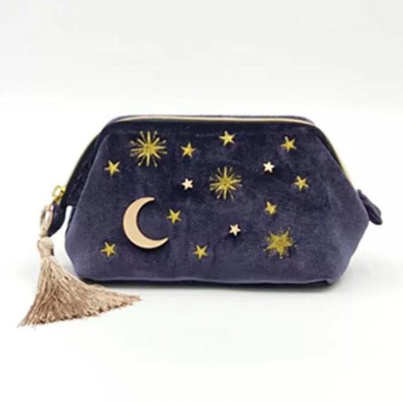 Cosmic Moon and Stars Velvet Cosmetic Bag | Starry Makeup Storage Bag