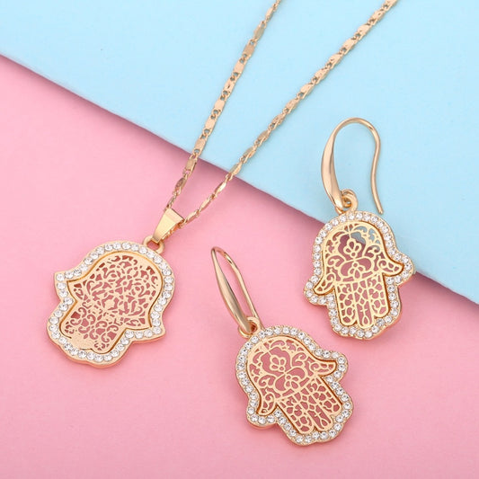 18k Gold Plated Turkish Evil Eye Hand Hamsa Pendant Necklace and Earrings Set | Crystal Jewelry