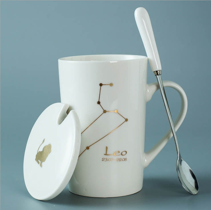 Black/White Ceramic Zodiac Mugs, 12 Constellations with Spoon & Lid | Coffee and Tea Accessories