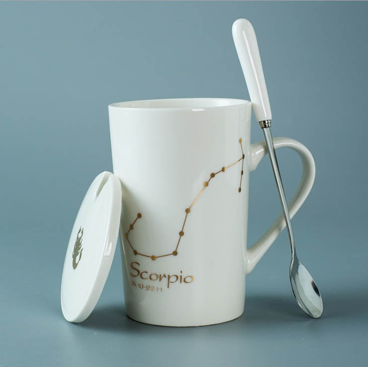 Black/White Ceramic Zodiac Mugs, 12 Constellations with Spoon & Lid | Coffee and Tea Accessories