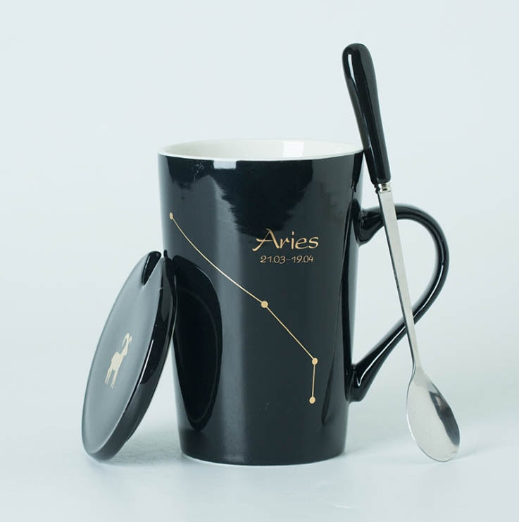 Black/White Ceramic Zodiac Mugs, 12 Constellations with Spoon & Lid | Coffee and Tea Accessories