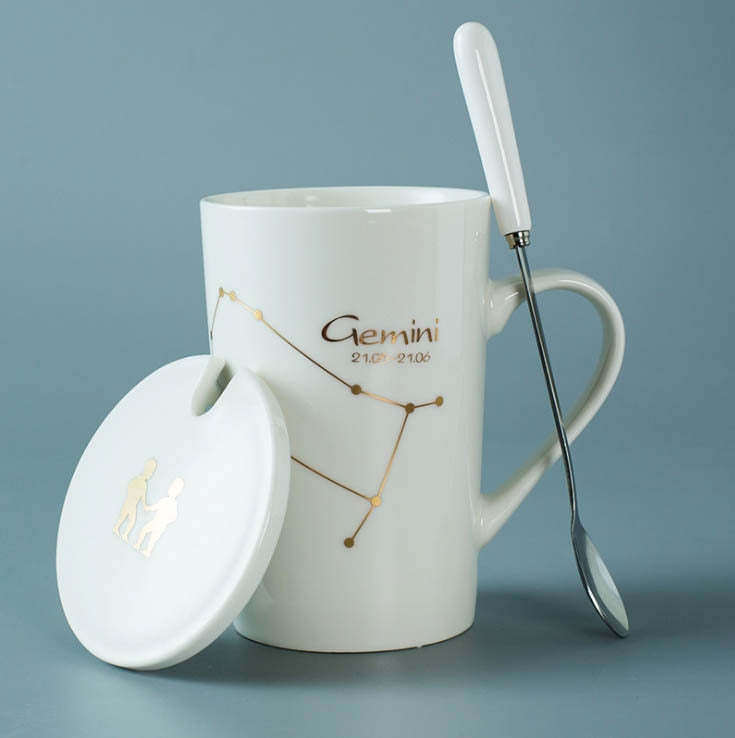 Black/White Ceramic Zodiac Mugs, 12 Constellations with Spoon & Lid | Coffee and Tea Accessories
