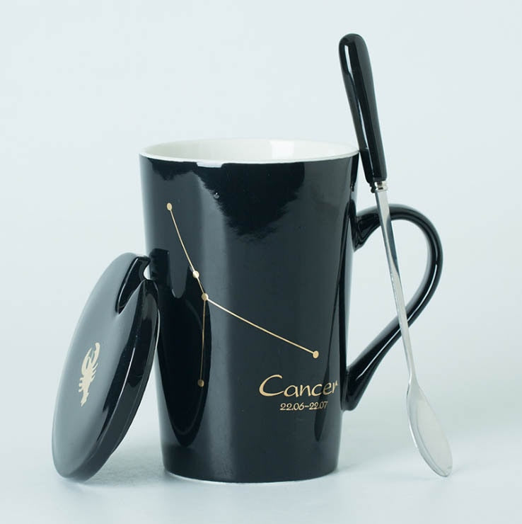 Black/White Ceramic Zodiac Mugs, 12 Constellations with Spoon & Lid | Coffee and Tea Accessories