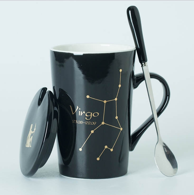 Black/White Ceramic Zodiac Mugs, 12 Constellations with Spoon & Lid | Coffee and Tea Accessories