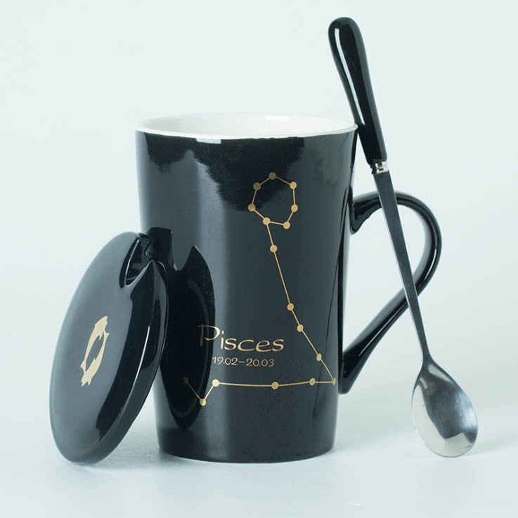 Black/White Ceramic Zodiac Mugs, 12 Constellations with Spoon & Lid | Coffee and Tea Accessories