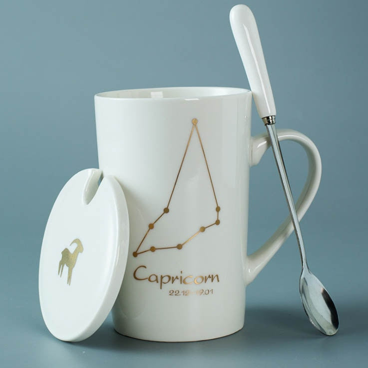 Black/White Ceramic Zodiac Mugs, 12 Constellations with Spoon & Lid | Coffee and Tea Accessories