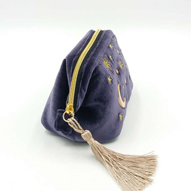 Cosmic Moon and Stars Velvet Cosmetic Bag | Starry Makeup Storage Bag