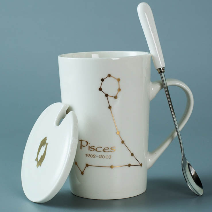 Black/White Ceramic Zodiac Mugs, 12 Constellations with Spoon & Lid | Coffee and Tea Accessories