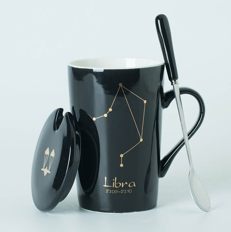 Black/White Ceramic Zodiac Mugs, 12 Constellations with Spoon & Lid | Coffee and Tea Accessories