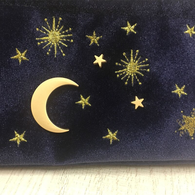 Cosmic Moon and Stars Velvet Cosmetic Bag | Starry Makeup Storage Bag