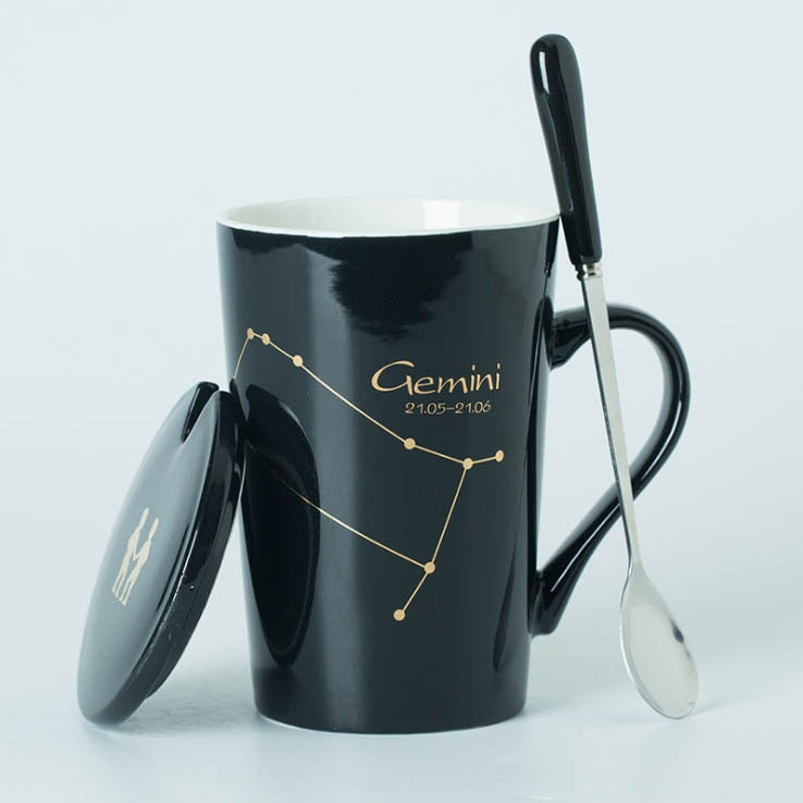Black/White Ceramic Zodiac Mugs, 12 Constellations with Spoon & Lid | Coffee and Tea Accessories