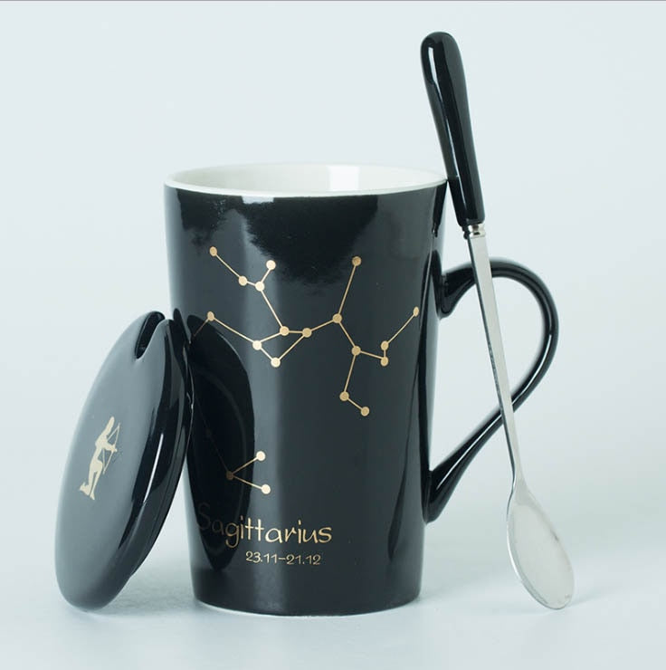 Black/White Ceramic Zodiac Mugs, 12 Constellations with Spoon & Lid | Coffee and Tea Accessories