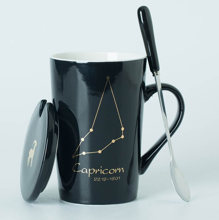 Black/White Ceramic Zodiac Mugs, 12 Constellations with Spoon & Lid | Coffee and Tea Accessories