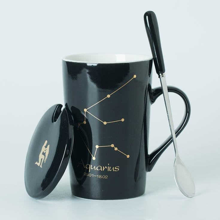 Black/White Ceramic Zodiac Mugs, 12 Constellations with Spoon & Lid | Coffee and Tea Accessories