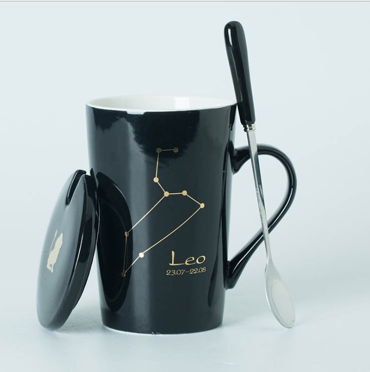 Black/White Ceramic Zodiac Mugs, 12 Constellations with Spoon & Lid | Coffee and Tea Accessories