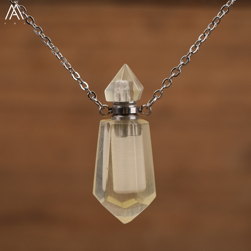 Natural Gems Stone Faceted Prism Perfume Bottle Pendants Necklace,Cut Hexagon Points Crystal Essential Oil Diffuser Vial Charms