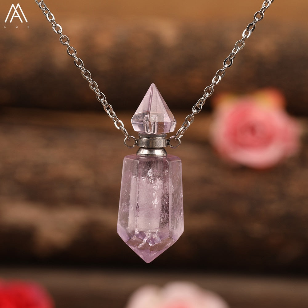 Natural Gems Stone Faceted Prism Perfume Bottle Pendants Necklace,Cut Hexagon Points Crystal Essential Oil Diffuser Vial Charms