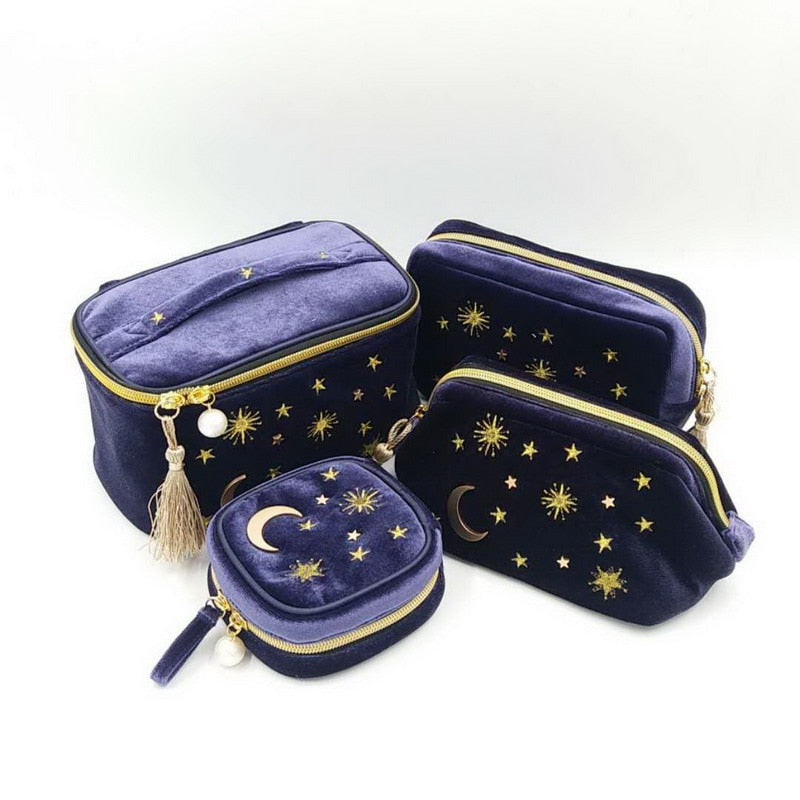Cosmic Moon and Stars Velvet Cosmetic Bag | Starry Makeup Storage Bag