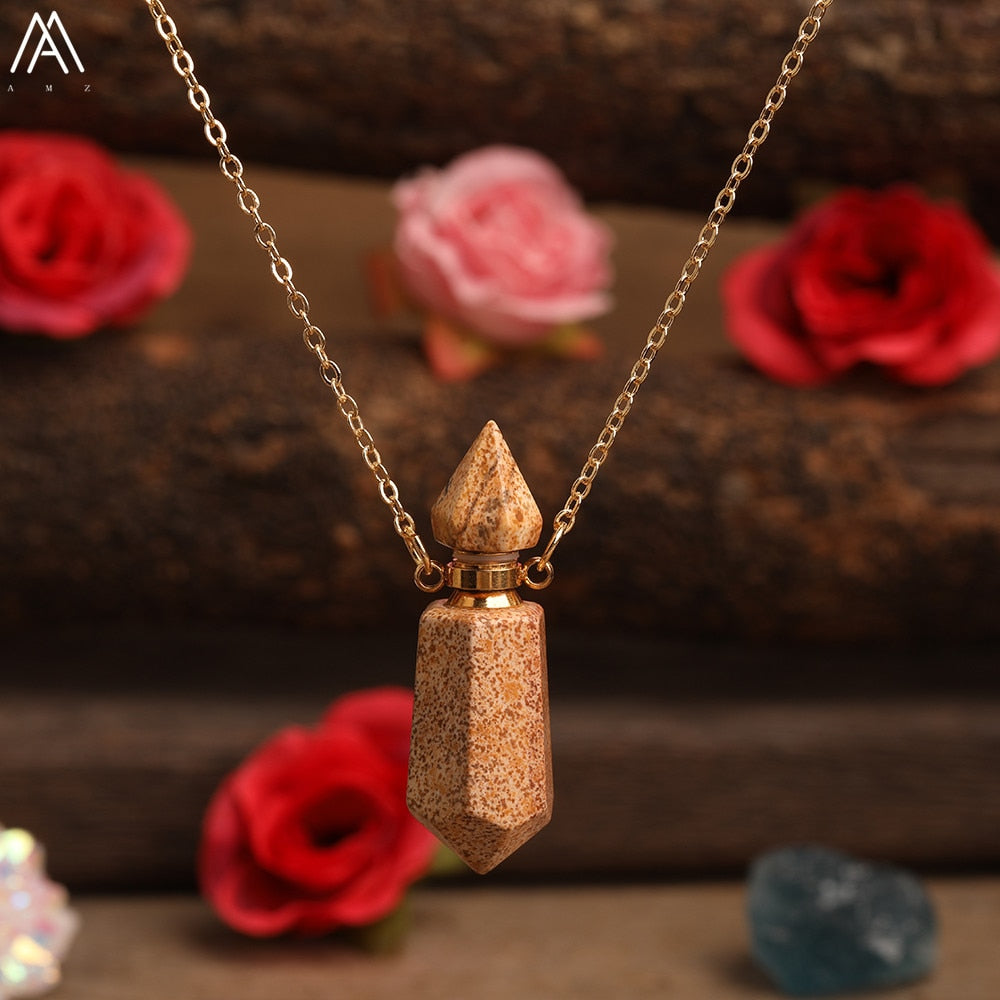 Natural Gems Stone Faceted Prism Perfume Bottle Pendants Necklace,Cut Hexagon Points Crystal Essential Oil Diffuser Vial Charms