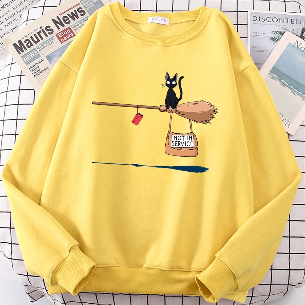 Cute Cat 'Not In Service' Print Hoodies | Casual Crewneck Sweatshirt for Women & Witches