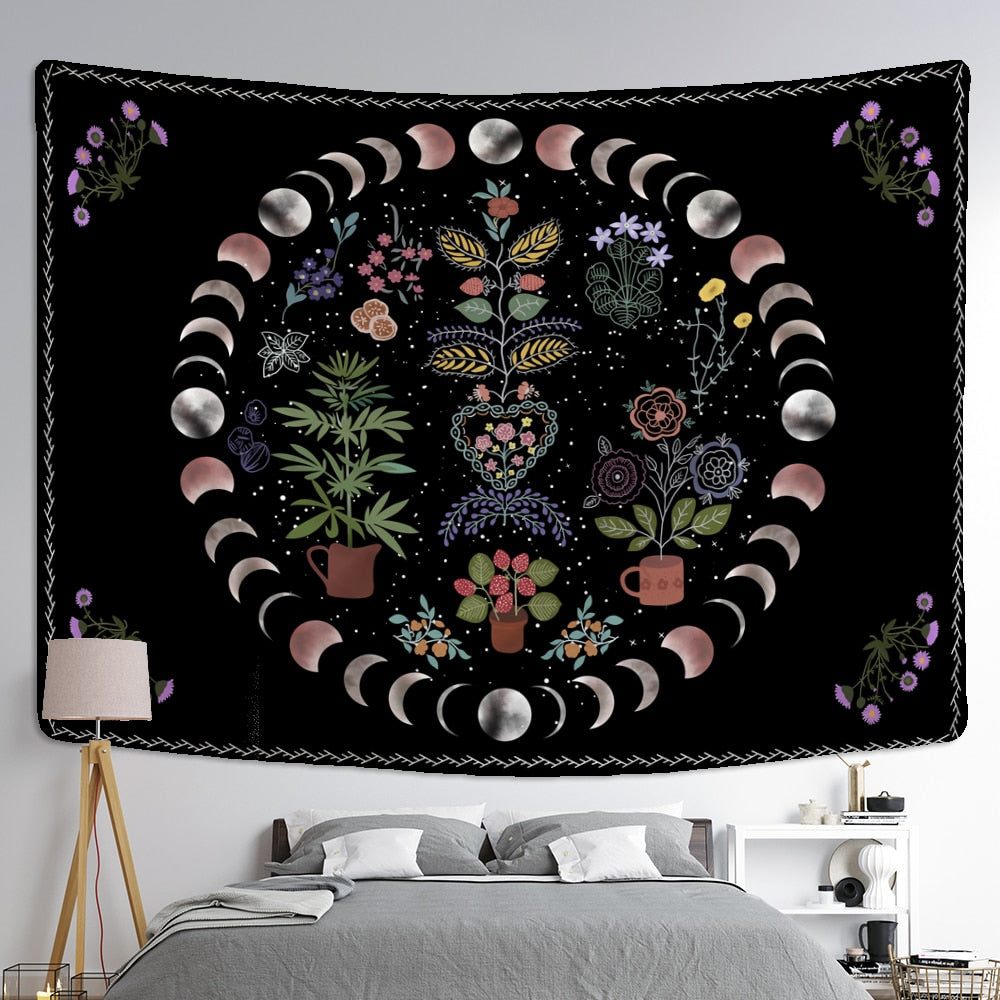 hanging plant tapestry Moon Phase Tapestry Wall Hanging Plants Celestial Flowers Starry Sky B – Tarot Awakened