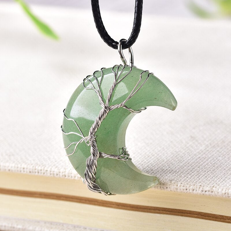 Natural Crystal Quarter Moon Pendant | Spiritual Elemental Jewelry