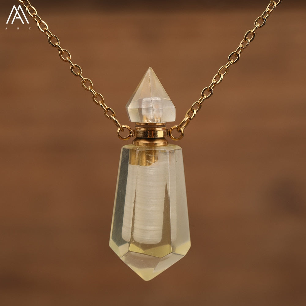 Natural Gems Stone Faceted Prism Perfume Bottle Pendants Necklace,Cut Hexagon Points Crystal Essential Oil Diffuser Vial Charms