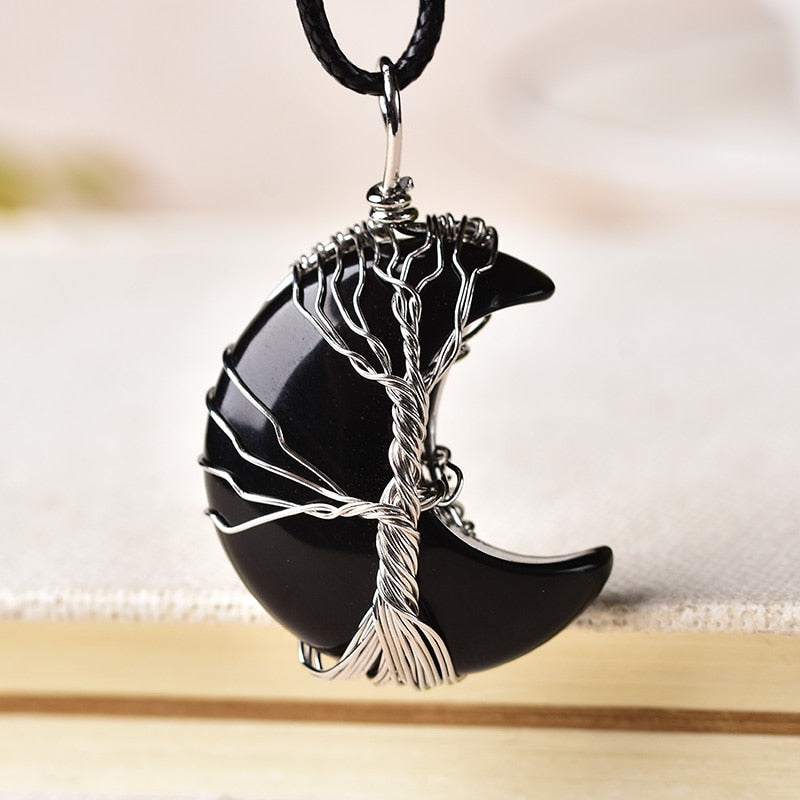 Natural Crystal Quarter Moon Pendant | Spiritual Elemental Jewelry