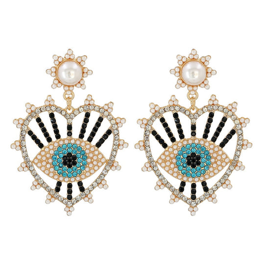 Evil Eye Crystal Pearl Heart Earrings | Spiritual Jewelry