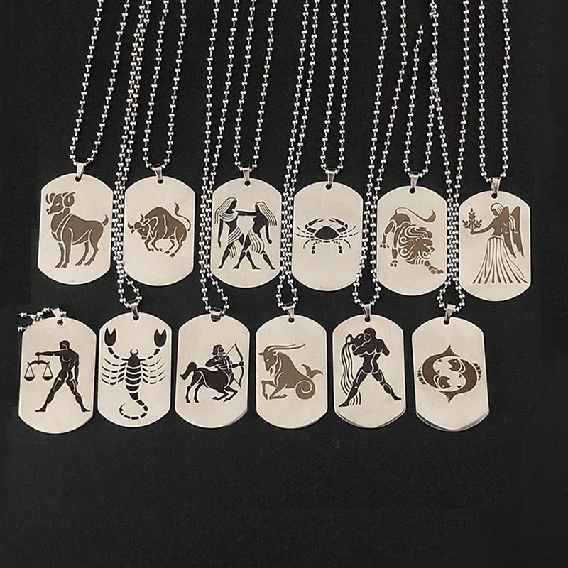 Stainless Steel 12 Horoscope Zodiac Sign Tag Necklace | Astrology Jewelry