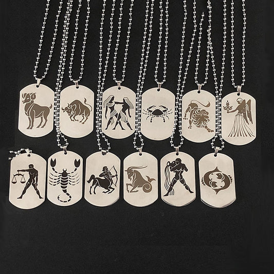 Stainless Steel 12 Horoscope Zodiac Sign Tag Necklace | Astrology Jewelry