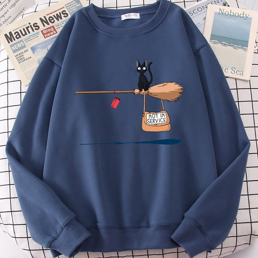 Cute Cat 'Not In Service' Print Hoodies | Casual Crewneck Sweatshirt for Women & Witches