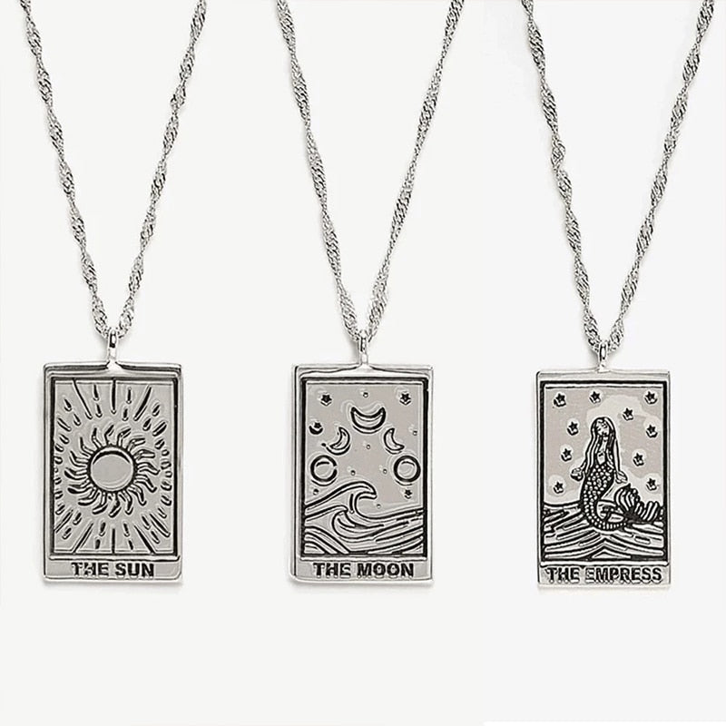 Carved Silver Tarot Card Necklace & Ring | The Sun, The Moon, The Empress