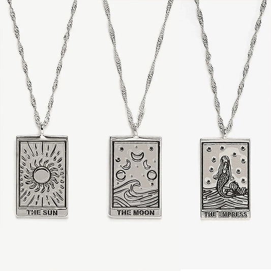 Carved Silver Tarot Card Necklace & Ring | The Sun, The Moon, The Empress