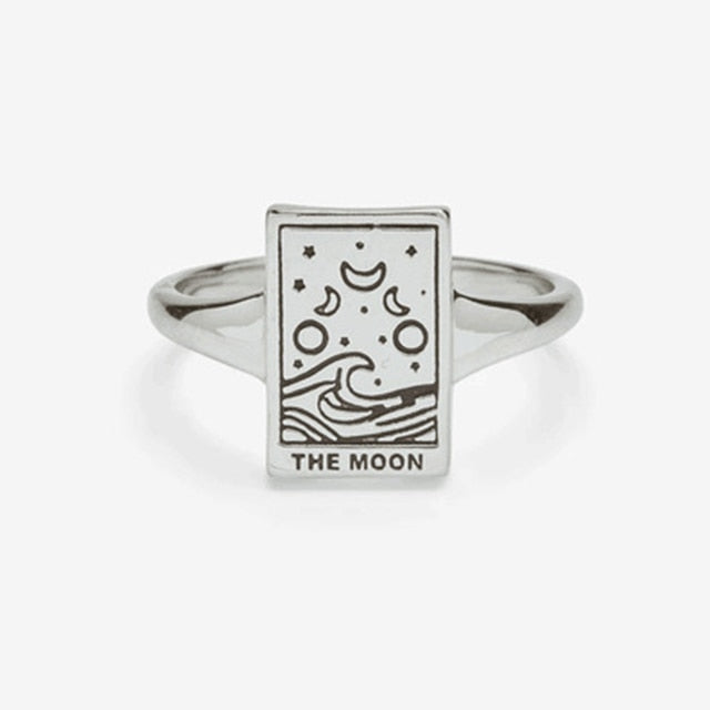 Carved Silver Tarot Card Necklace & Ring | The Sun, The Moon, The Empress