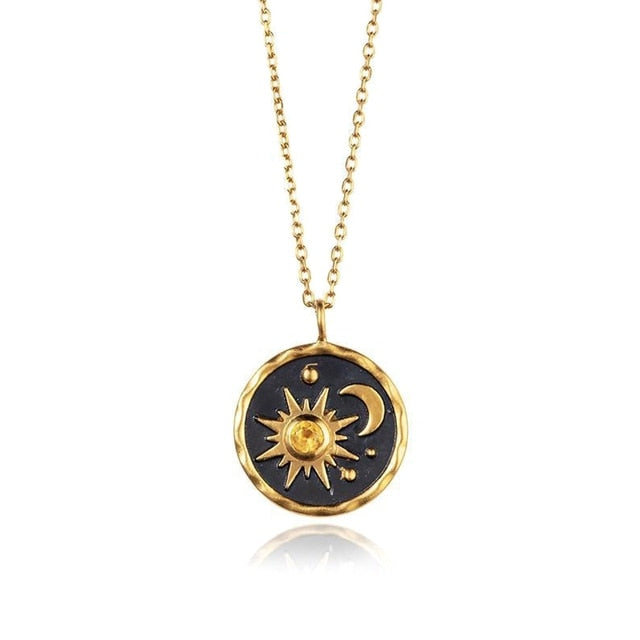 Sun, Moon Stainless Steel Tarot Card Symbol Necklace | Gold & Silver