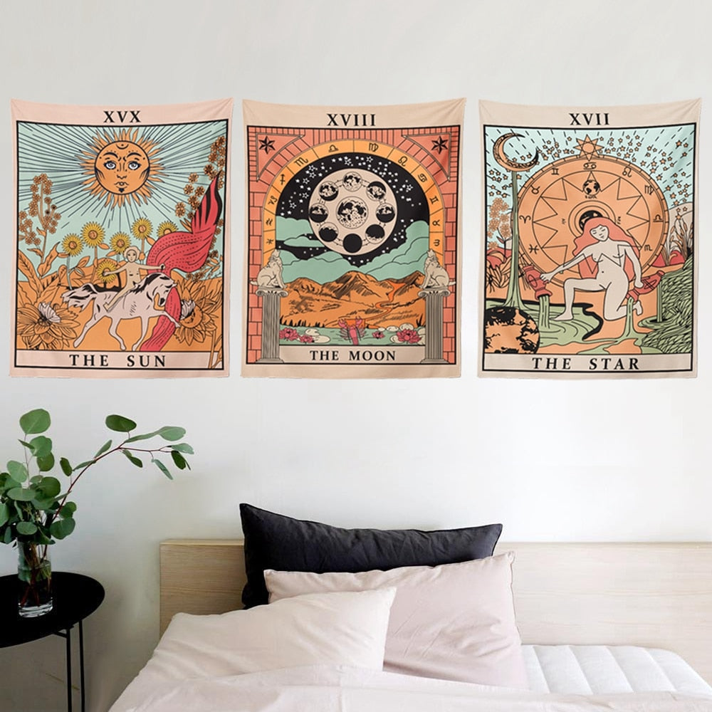Tarot Flag Tapestry - The Sun, The Moon and The Star - Bohemian Cotton Printed Hand Made Wall Hanging Tapestries ,Pack of 3