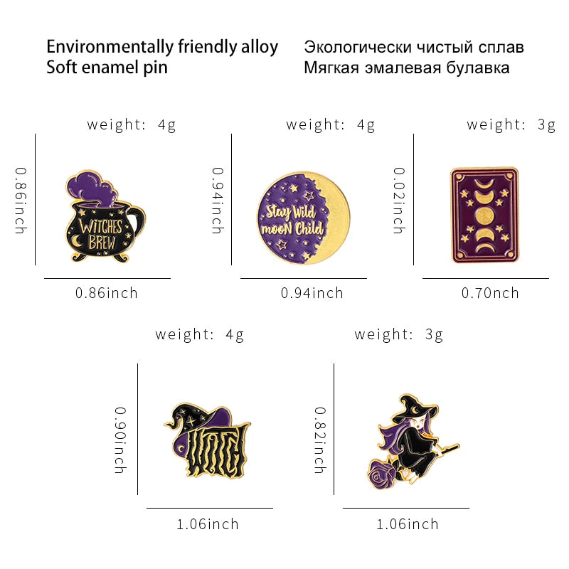 Witch Enamel Pin | Witchcraft Brooch & Tarot Cards, Moon Phase, Witches Hat