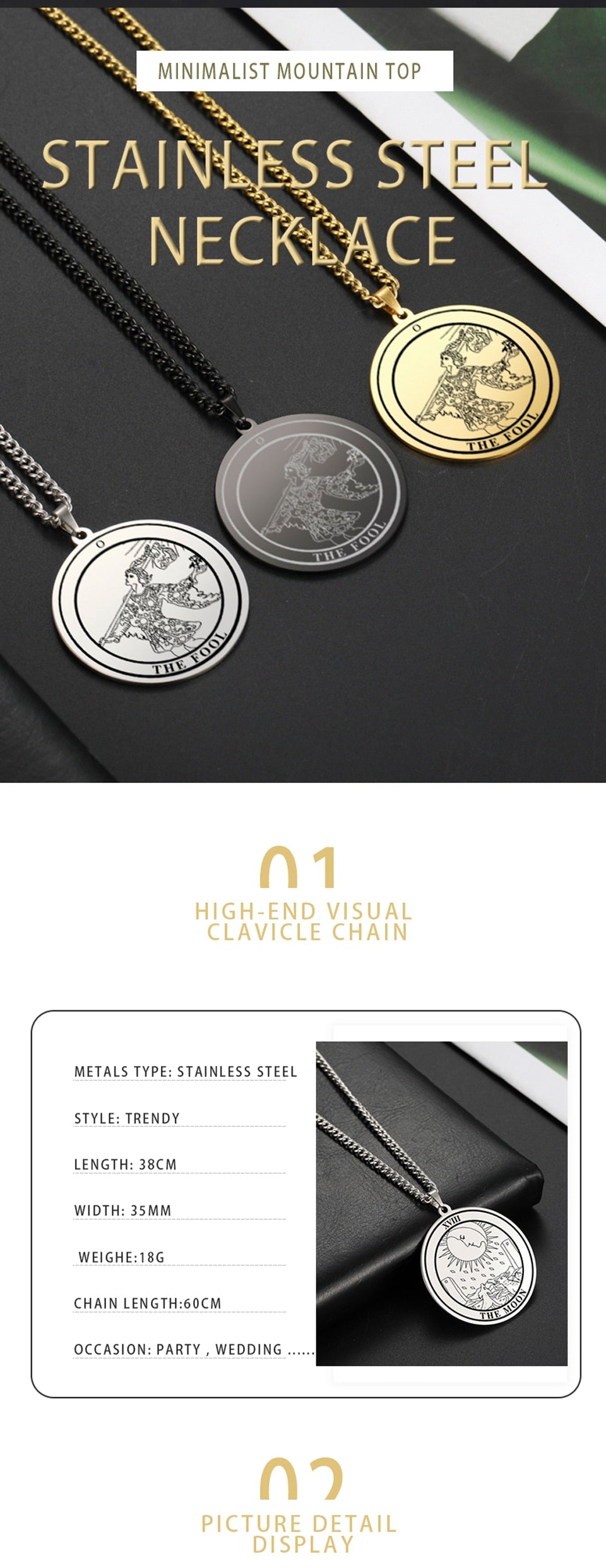 Gold and Siver Stainless Steel Major Arcana Round Pendant & Necklace