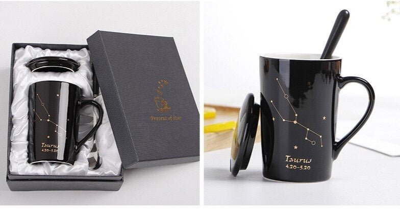 12 Constellations, Astrology - Zodiac Ceramic Mugs with Spoon Lid | 400ml Coffee Cup