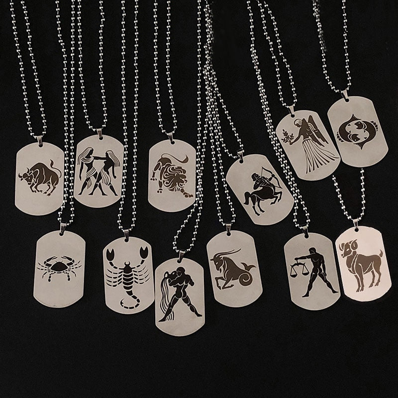 Stainless Steel 12 Horoscope Zodiac Sign Tag Necklace | Astrology Jewelry