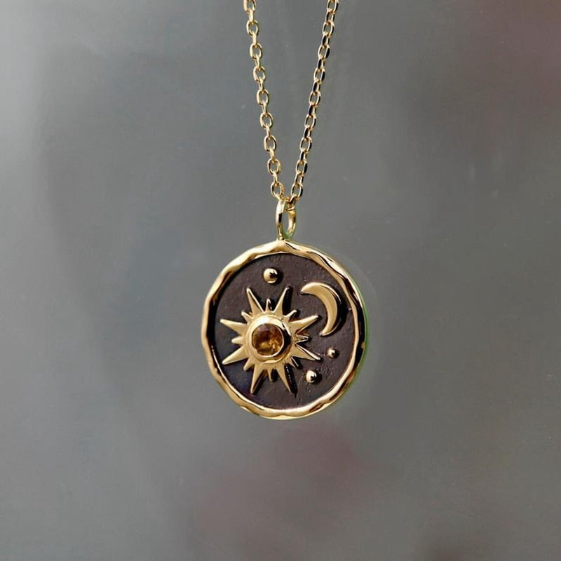 Sun, Moon Stainless Steel Tarot Card Symbol Necklace | Gold & Silver
